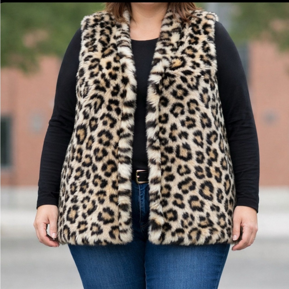 Carmen Marc Valvo Woman Faux Fur Leopard Print Vest – Size 2X (Fits 1X–2X)